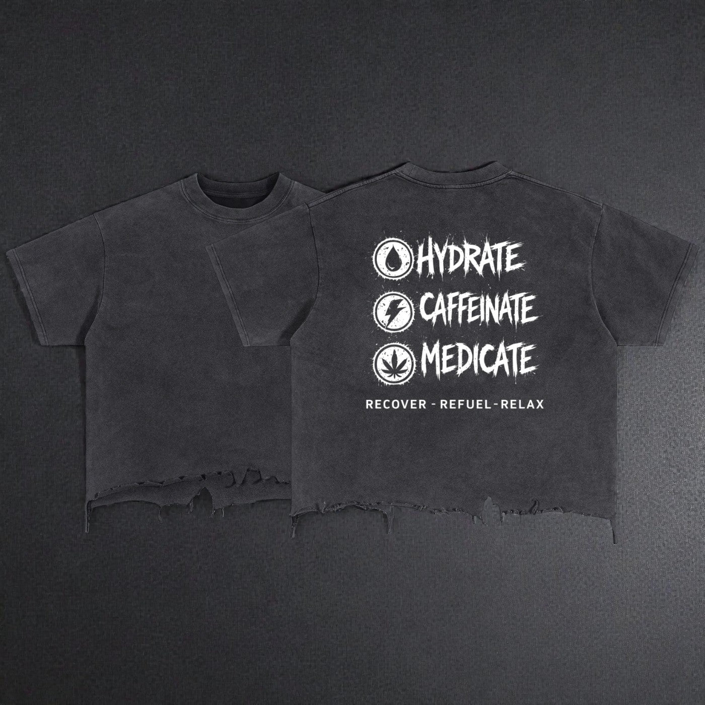 Vintage Wash Boxy Distressed Hem T-Shirt | Hydrate, Caffeinate, Medicate