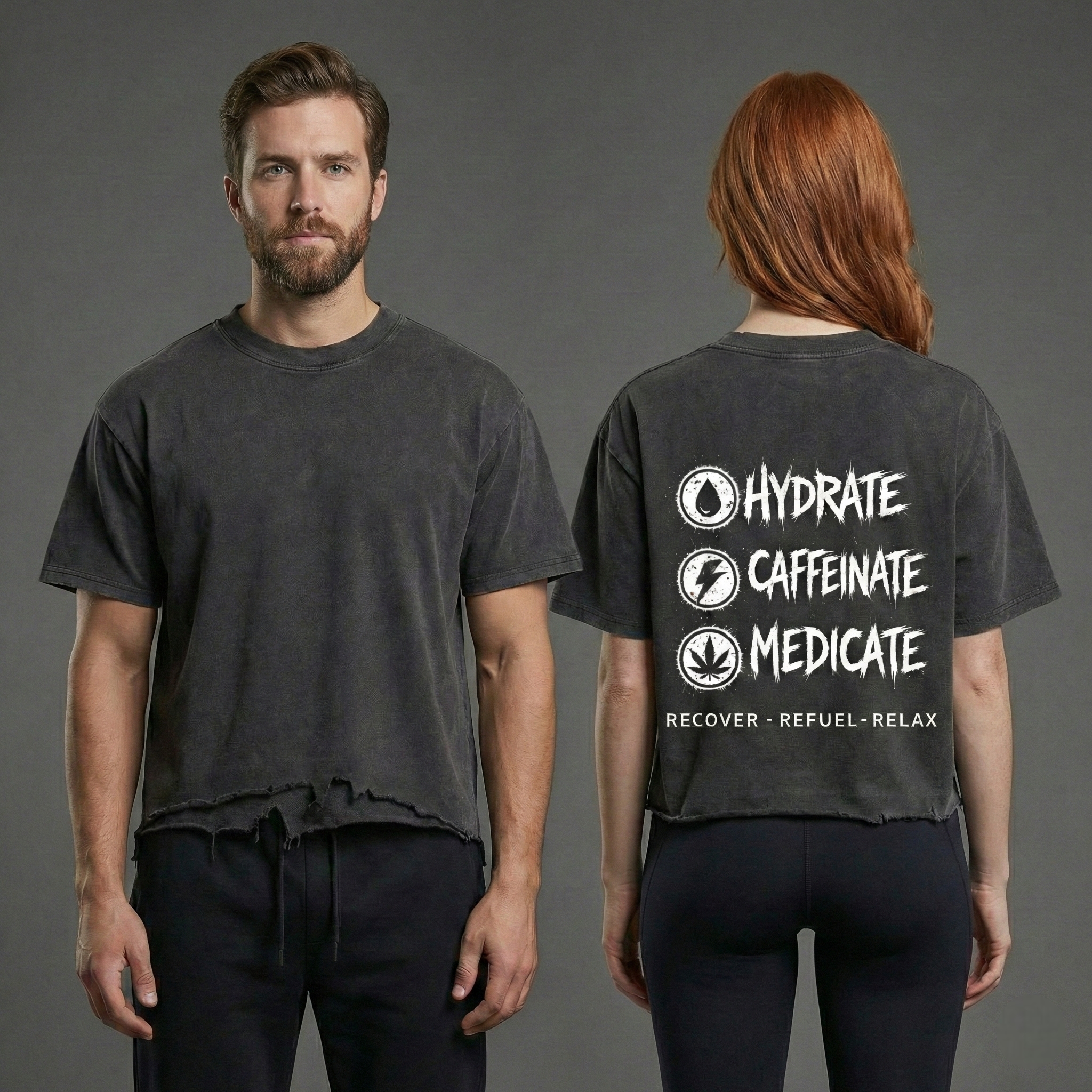 Vintage Wash Boxy Distressed Hem T-Shirt | Hydrate, Caffeinate, Medicate