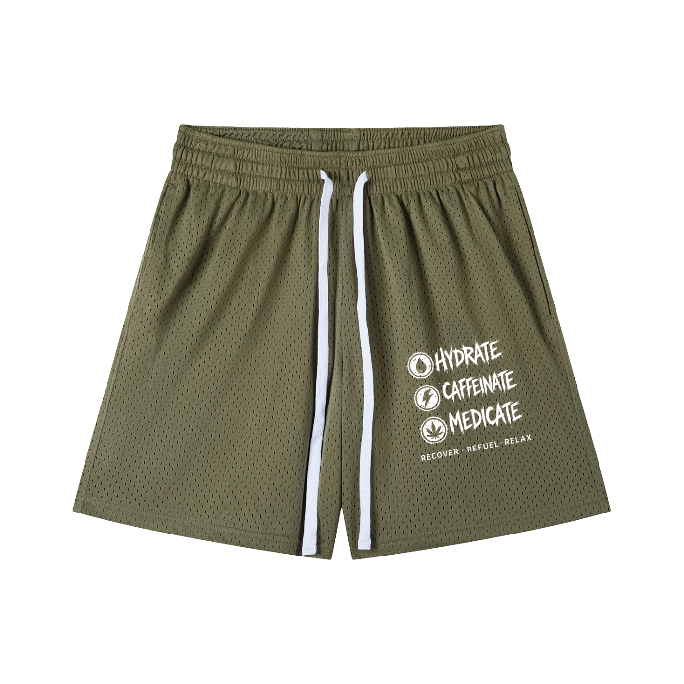 Mesh Drawstring Shorts | Hydrate, Caffeinate, Medicate