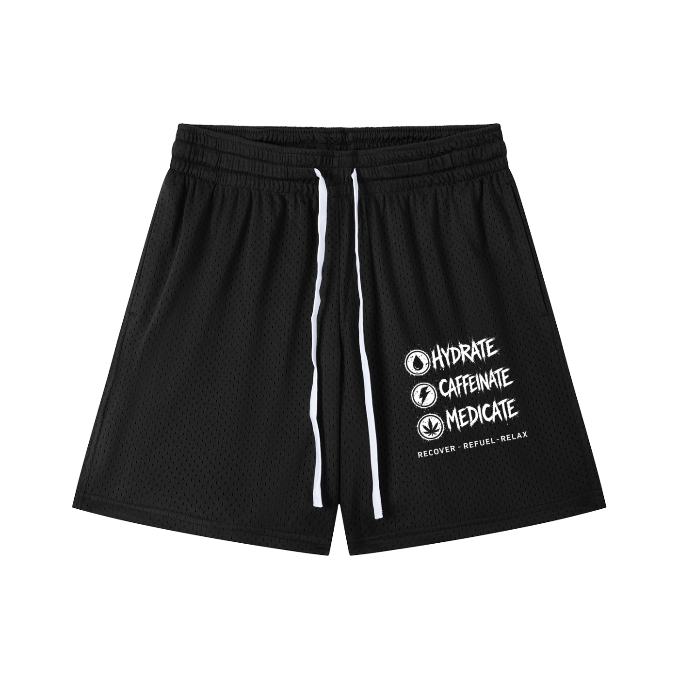 Mesh Drawstring Shorts | Hydrate, Caffeinate, Medicate