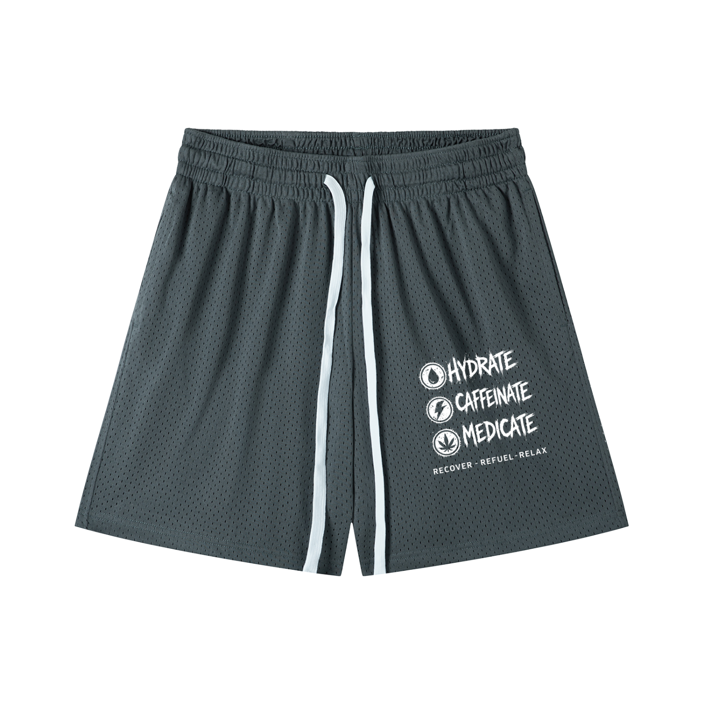 Mesh Drawstring Shorts | Hydrate, Caffeinate, Medicate