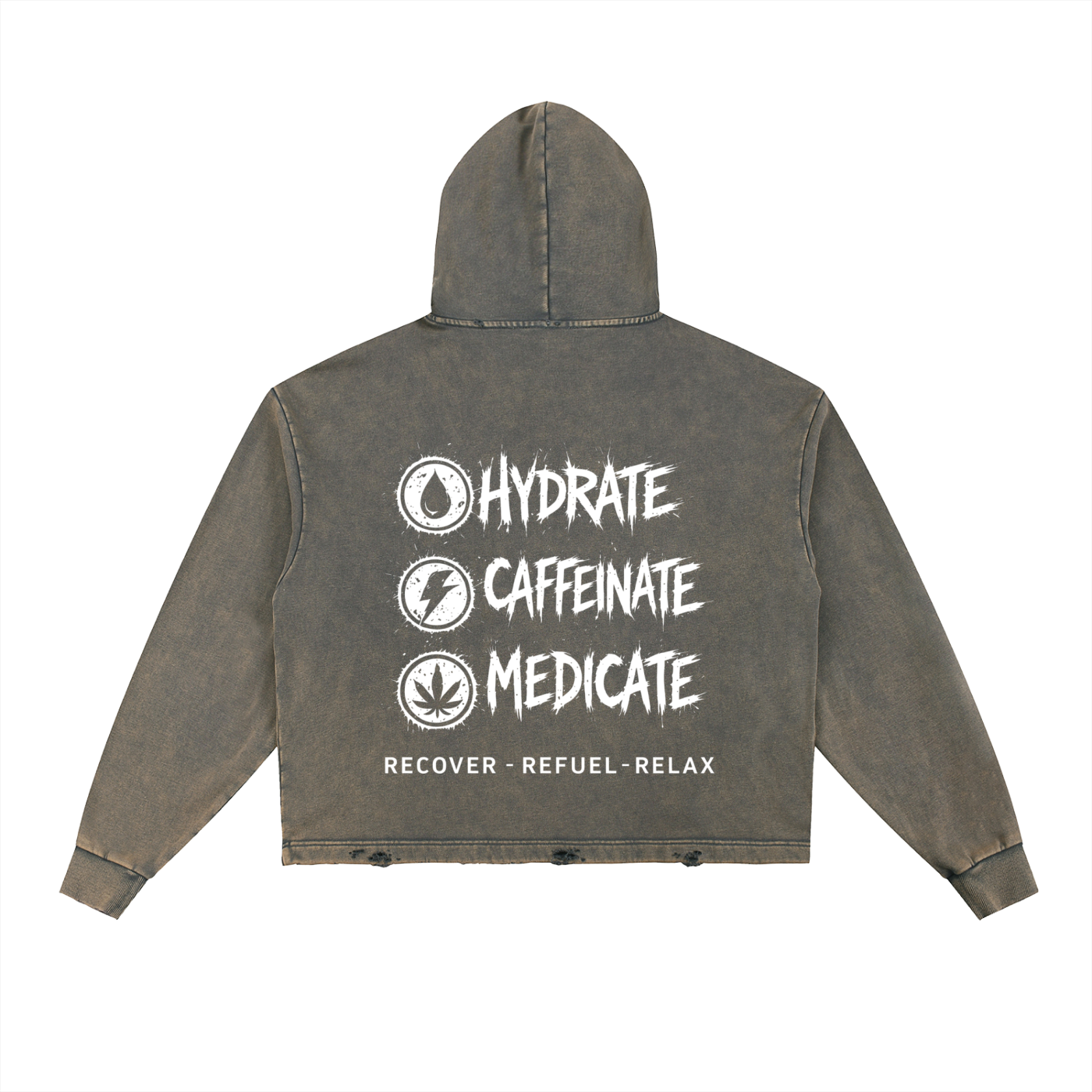 Vintage Washed Frayed-Hem Hoodie | Hydrate, Caffeinate, Medicate