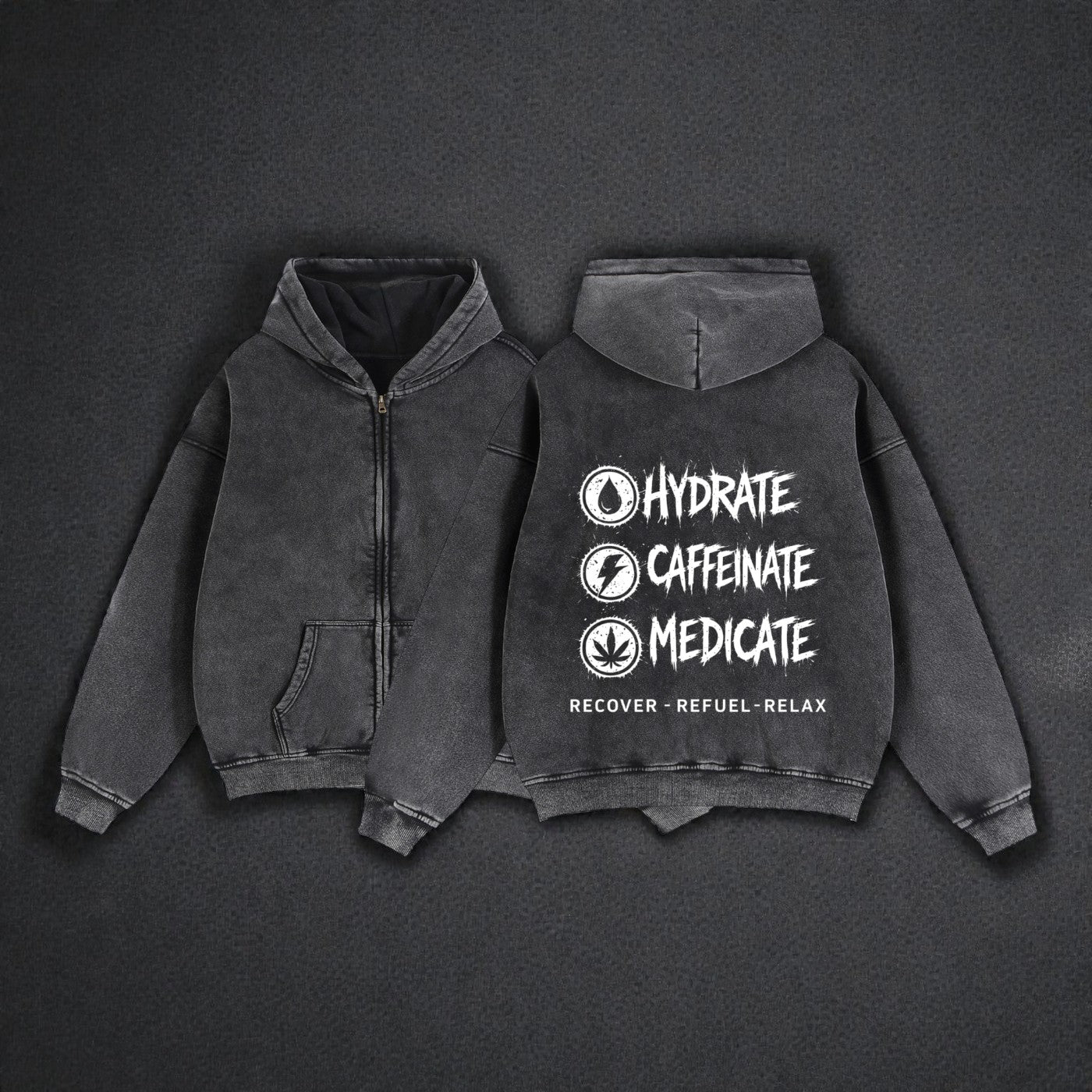 Zip-Through Boxy Fleece Hoodie | Hydrate, Caffeinate, Medicate