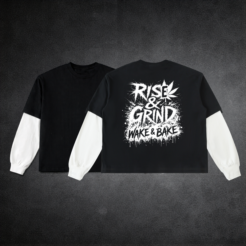 Layered Contrast Sleeve Cotton T-Shirt | Rise & Grind WAKE & BAKE EDITION