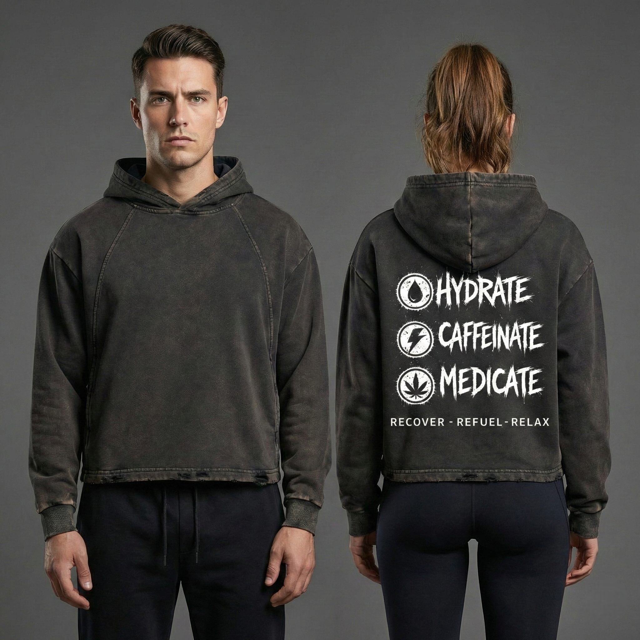 Vintage Washed Frayed-Hem Hoodie | Hydrate, Caffeinate, Medicate