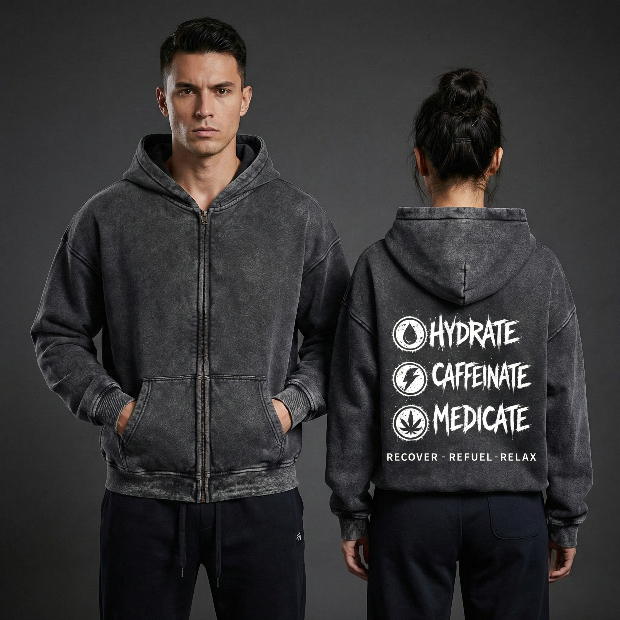 Zip-Through Boxy Fleece Hoodie | Hydrate, Caffeinate, Medicate