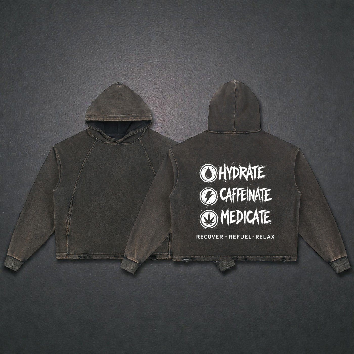 Vintage Washed Frayed-Hem Hoodie | Hydrate, Caffeinate, Medicate