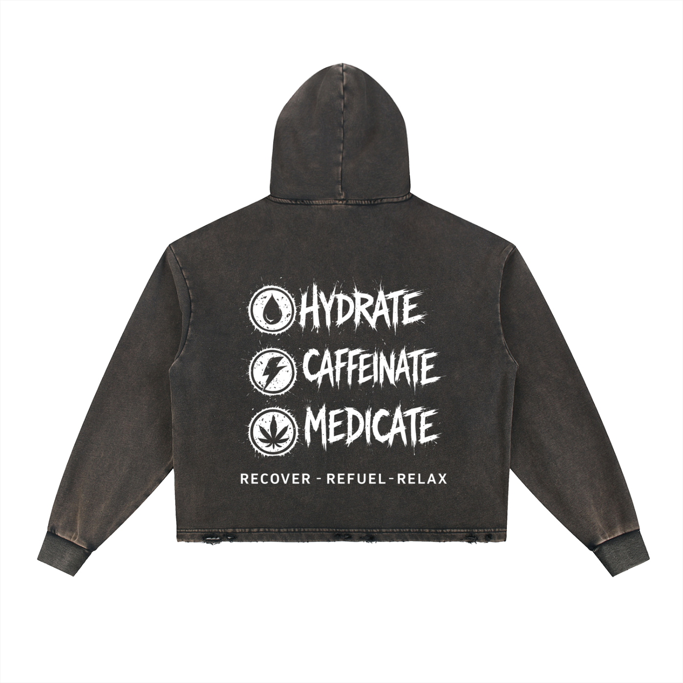Vintage Washed Frayed-Hem Hoodie | Hydrate, Caffeinate, Medicate